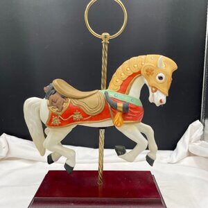 Mazuno Bisque Porcelain Carousel Horse with Armor Wood Base Ceramic War Horse